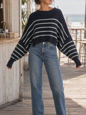 Free People Navy Mint Striped Oversized Dolman Sweater Size L